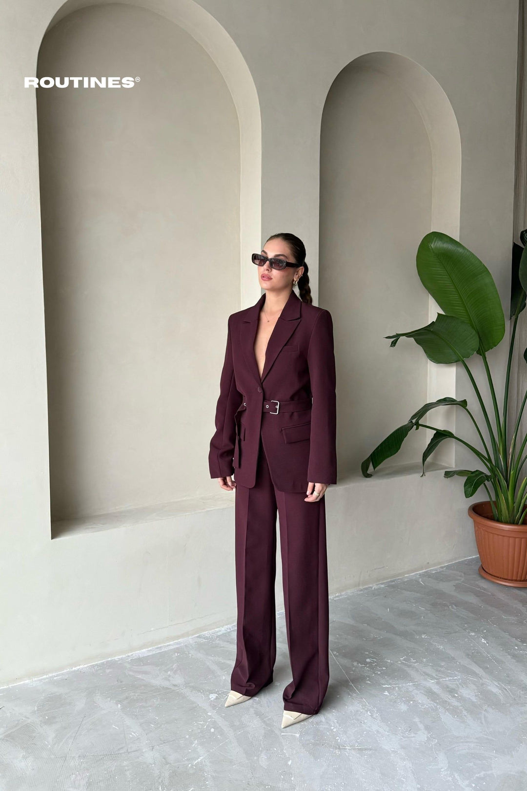 Routines Belted Blazer Two Piece Set - Burgundy - Tall 9367 Set Routines Fashion