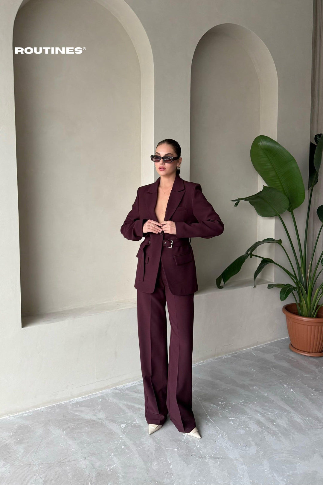 Routines Belted Blazer Two Piece Set - Burgundy - Tall 9367 Set Routines Fashion
