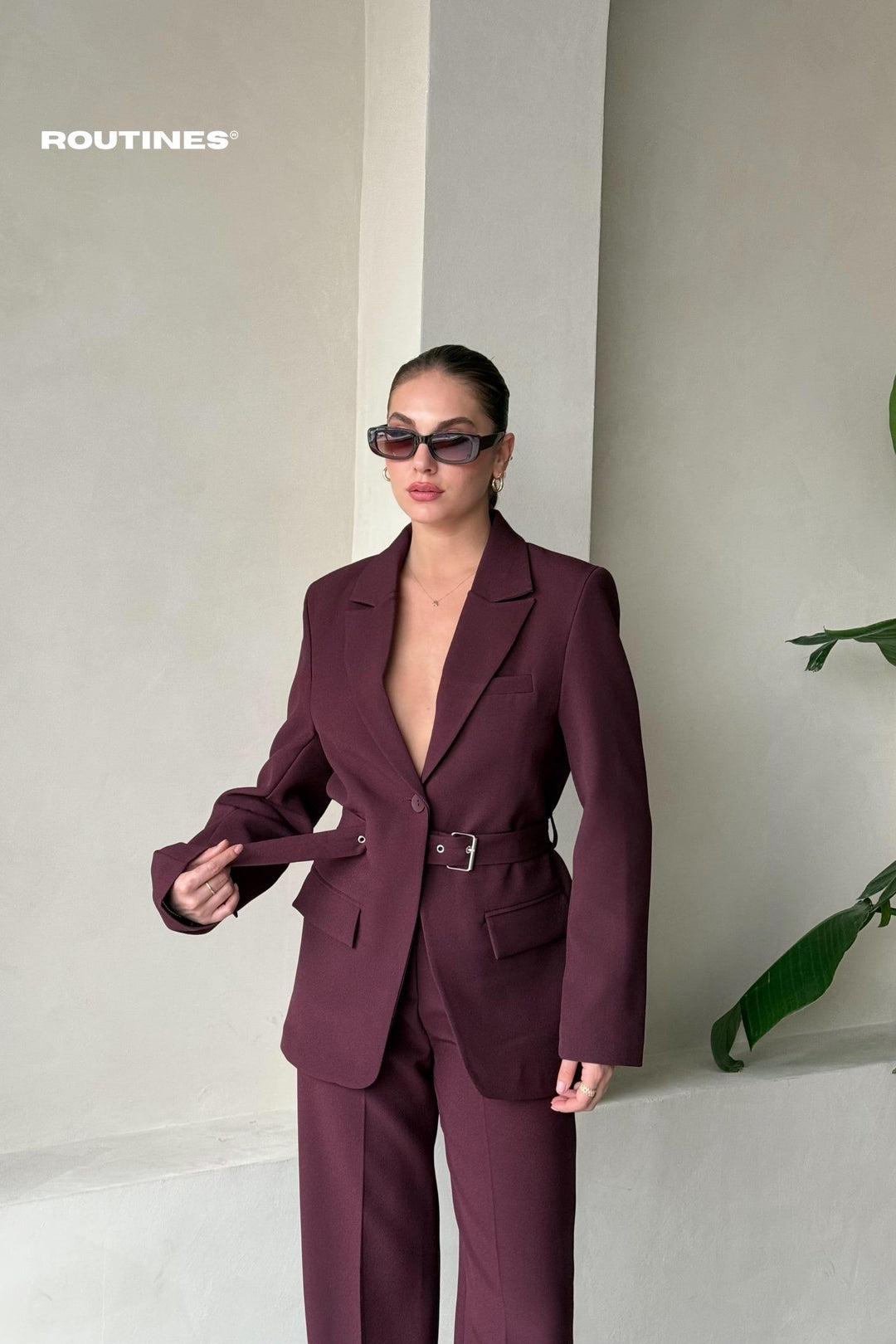 Routines Belted Blazer Two Piece Set - Burgundy - Tall 9367 Set Routines Fashion
