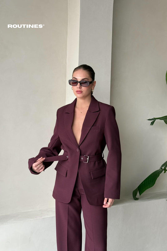 Routines Belted Blazer Two Piece Set - Burgundy - Tall 9367 Set Routines Fashion