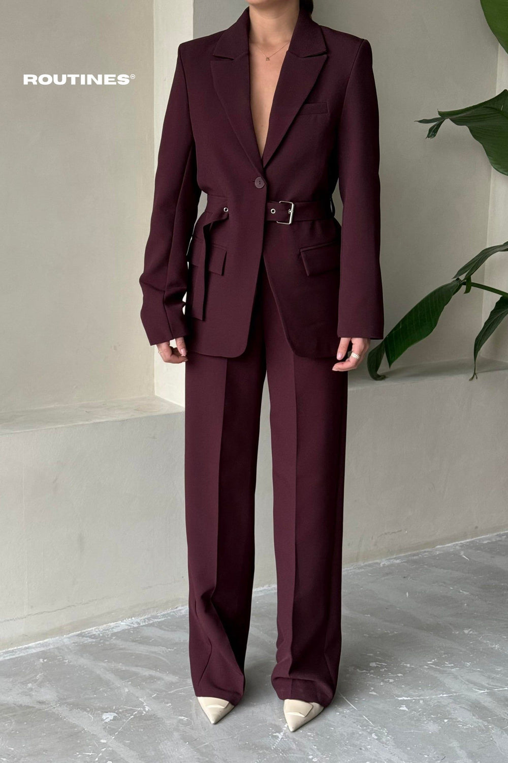 Routines Belted Blazer Two Piece Set - Burgundy - Tall 9367 Set Routines Fashion