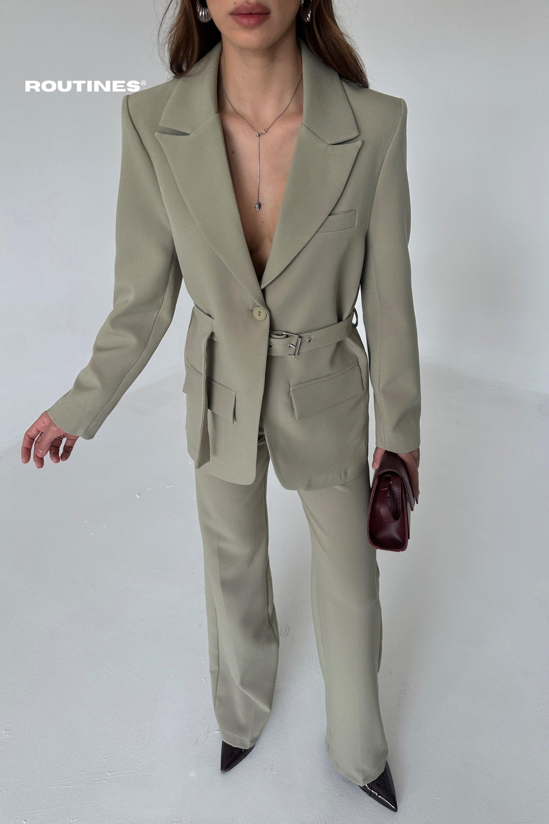 Routines Belted Blazer Two Piece Set - Khaki 9367 Set Routines Fashion