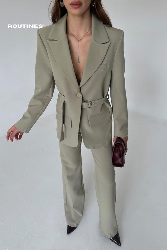Routines Belted Blazer Two Piece Set - Khaki 9367 Set Routines Fashion