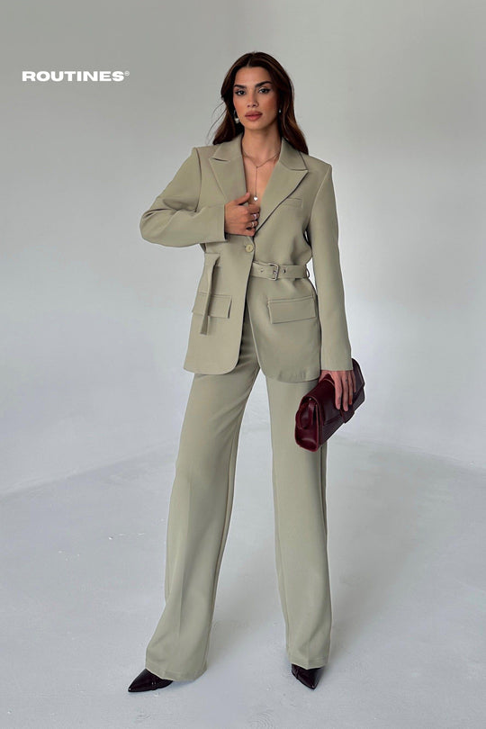 Routines Belted Blazer Two Piece Set - Khaki 9367 Set Routines Fashion