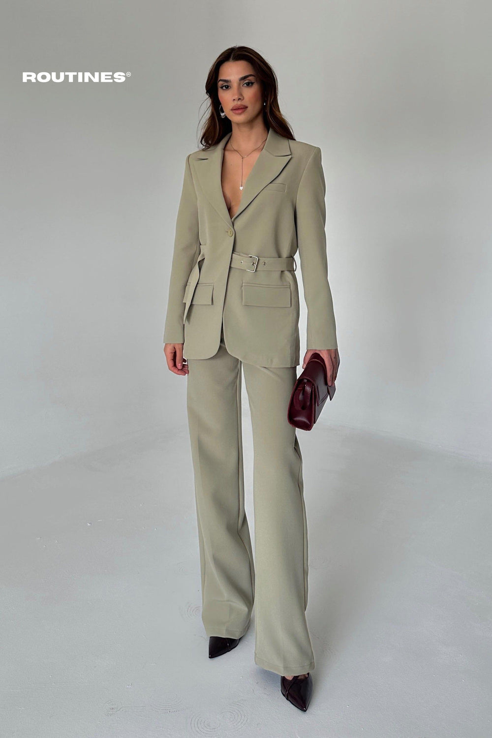 Routines Belted Blazer Two Piece Set - Khaki - Tall 9367 Set Routines Fashion
