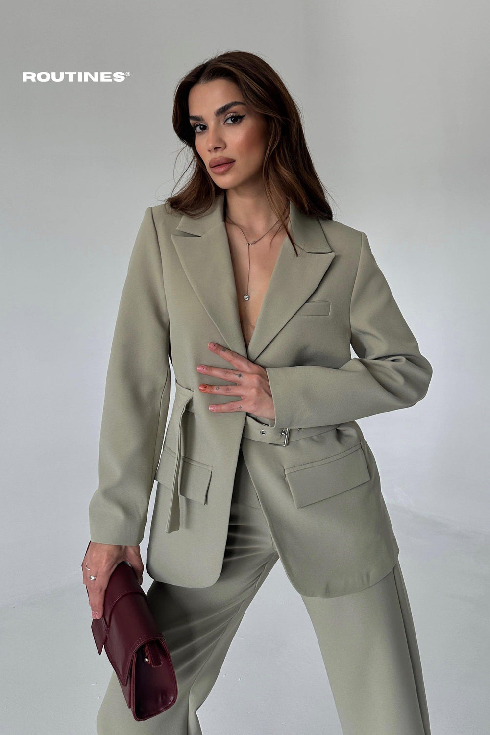 Routines Belted Blazer Two Piece Set - Khaki 9367 Set Routines Fashion