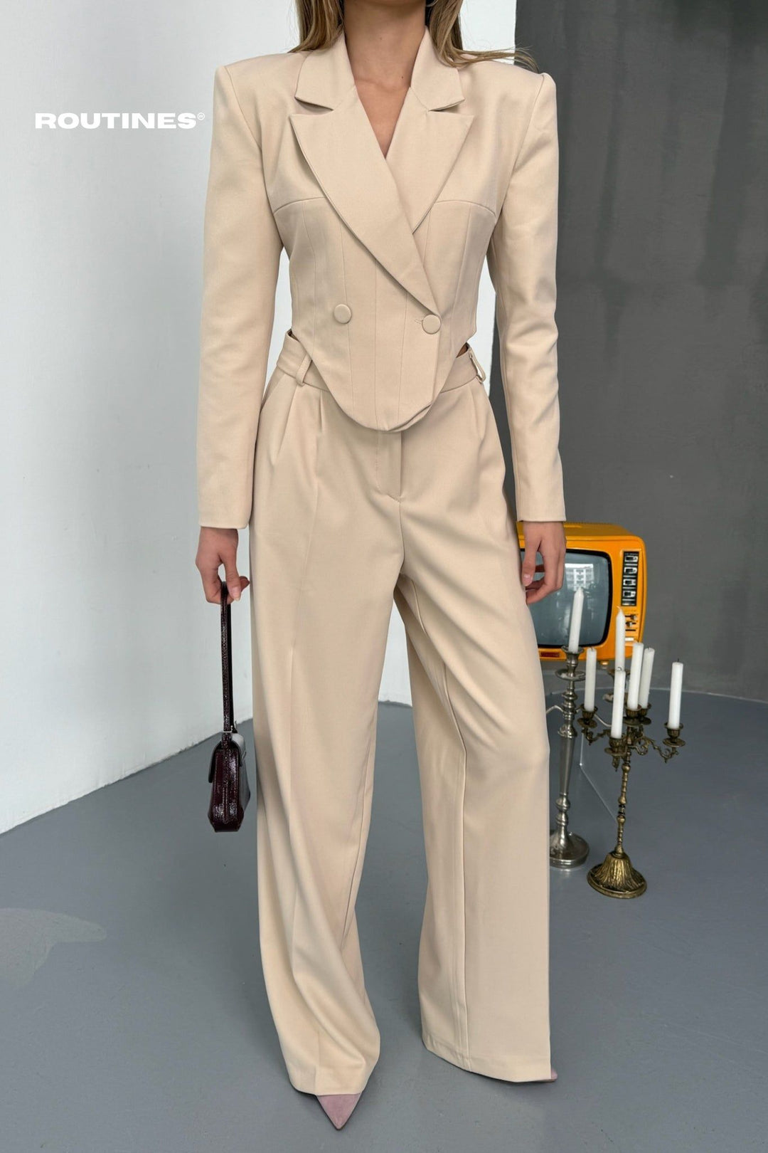 Routines Blazer Two Piece Stretch Set - Beige 256S2107 Set Routines Fashion