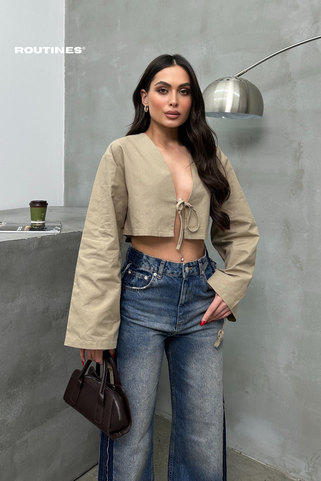 Routines Bow Crop Top - Khaki 52215023 Top Routines Fashion