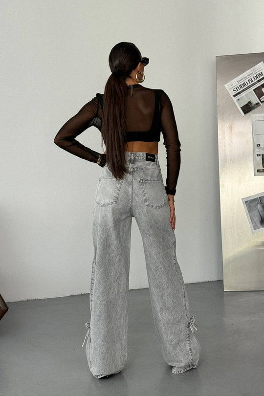Routines Bow Detail Straight Jeans - Grey 1421-3 Jeans Routines Fashion
