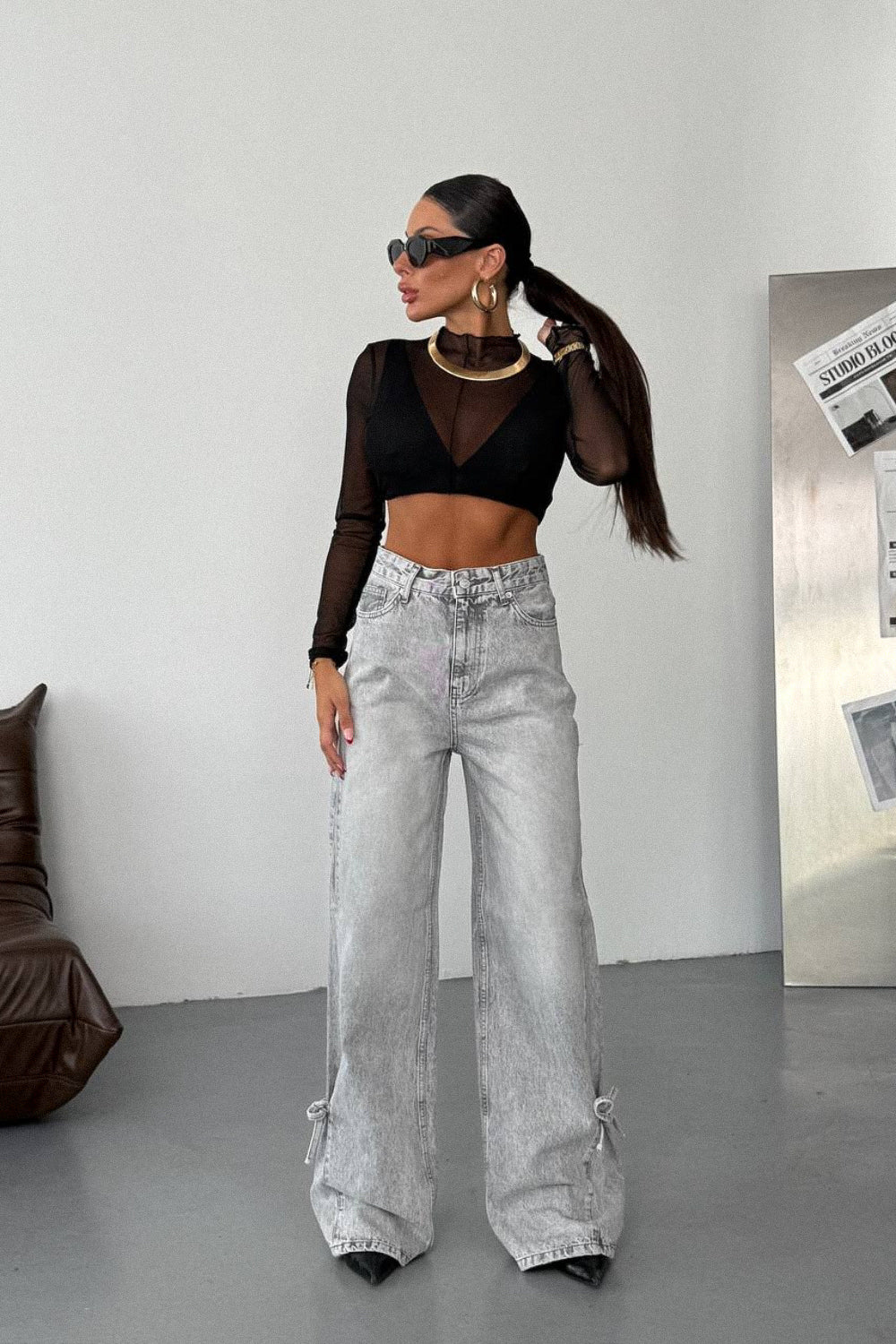Routines Bow Detail Straight Jeans - Grey 1421-3 Jeans Routines Fashion