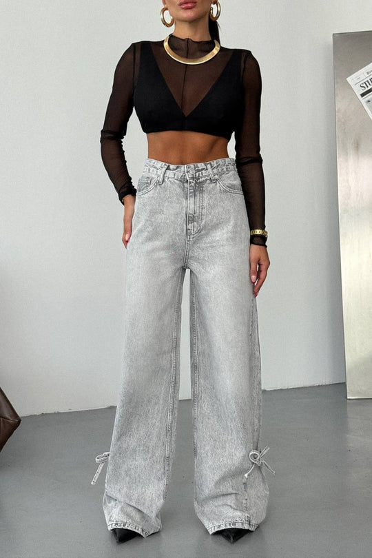 Routines Bow Detail Straight Jeans - Grey 1421-3 Jeans Routines Fashion