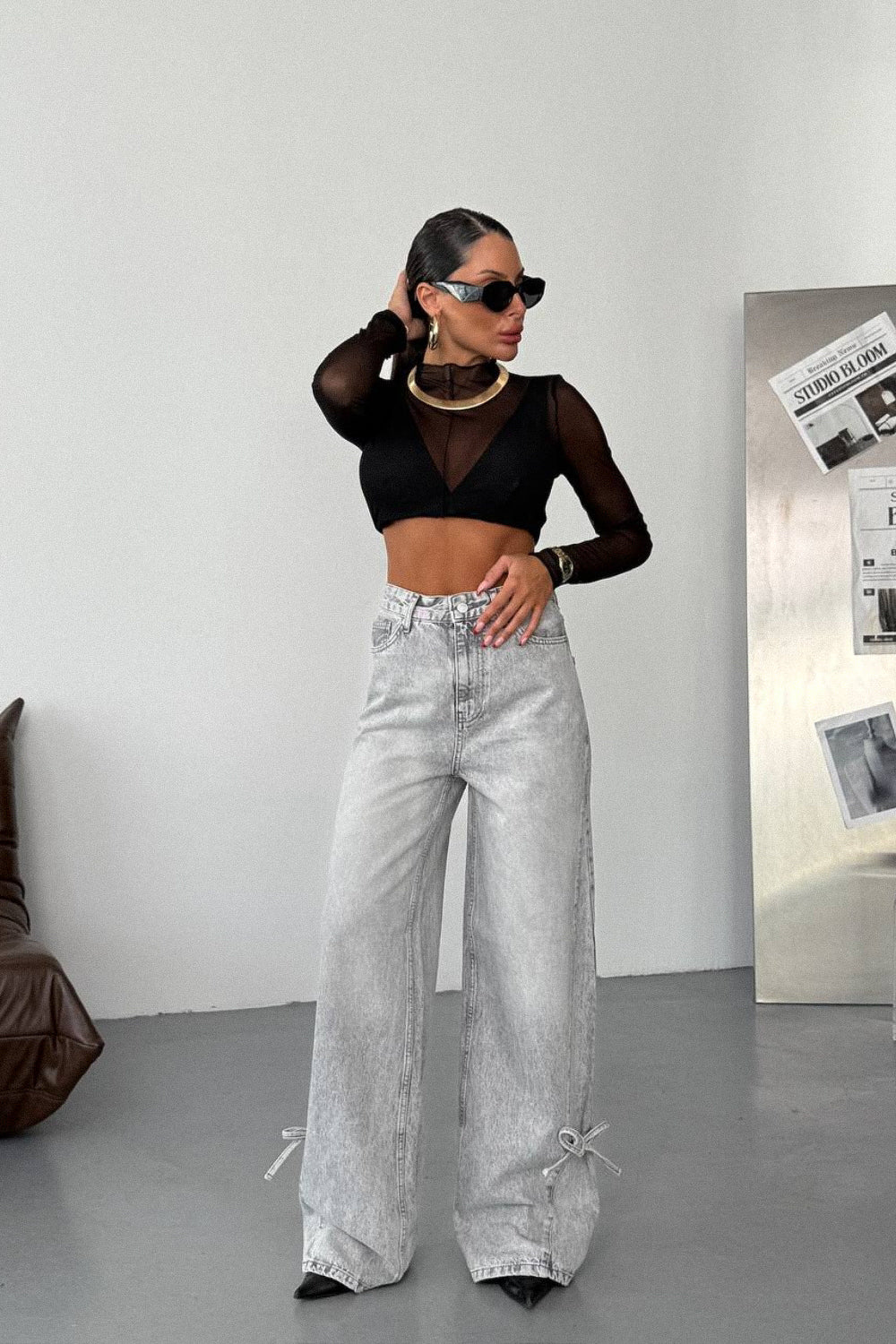 Routines Bow Detail Straight Jeans - Grey 1421-3 Jeans Routines Fashion