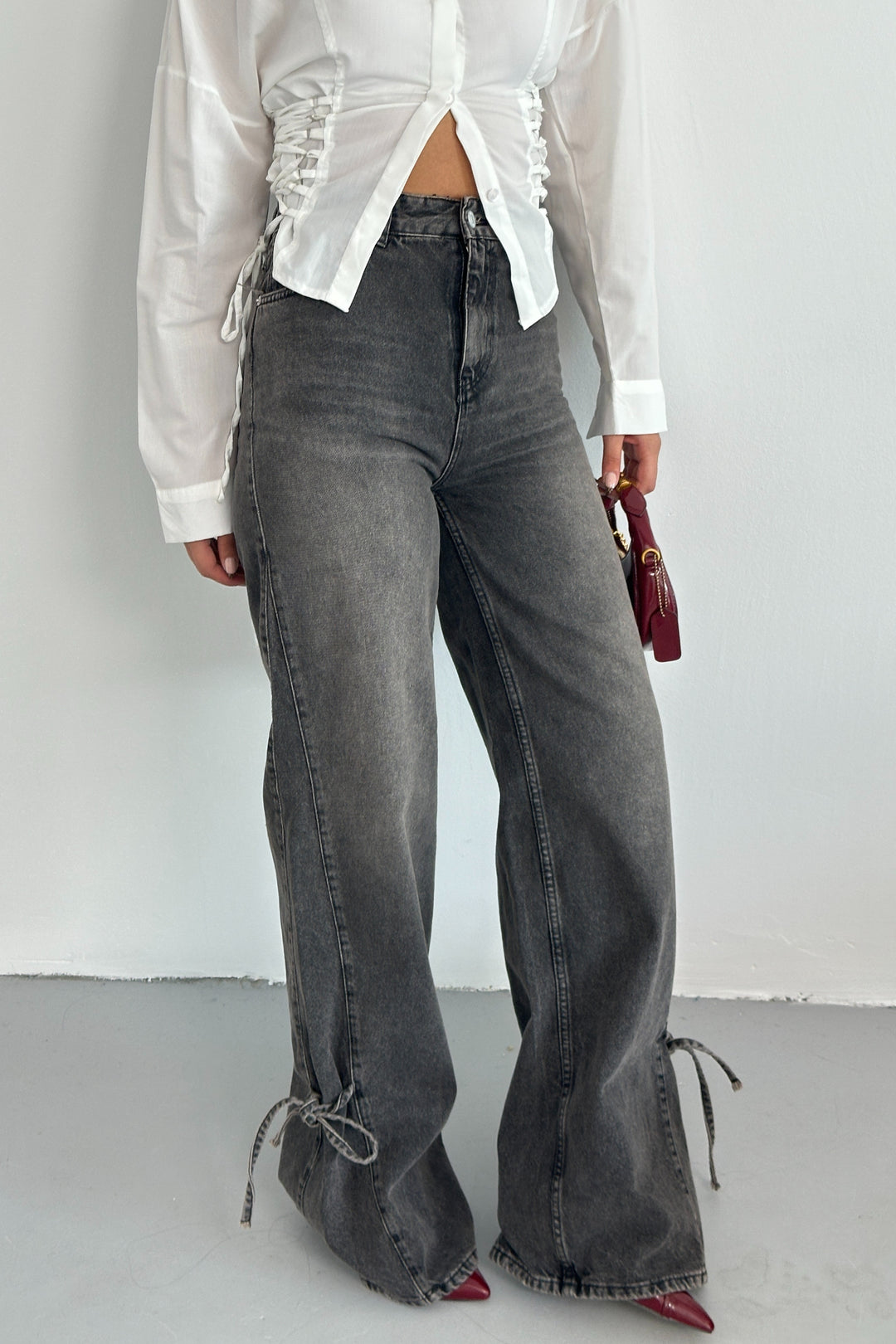 Routines Bow Detail Straight Jeans - Washed Black 1421-5 Jeans Routines Fashion