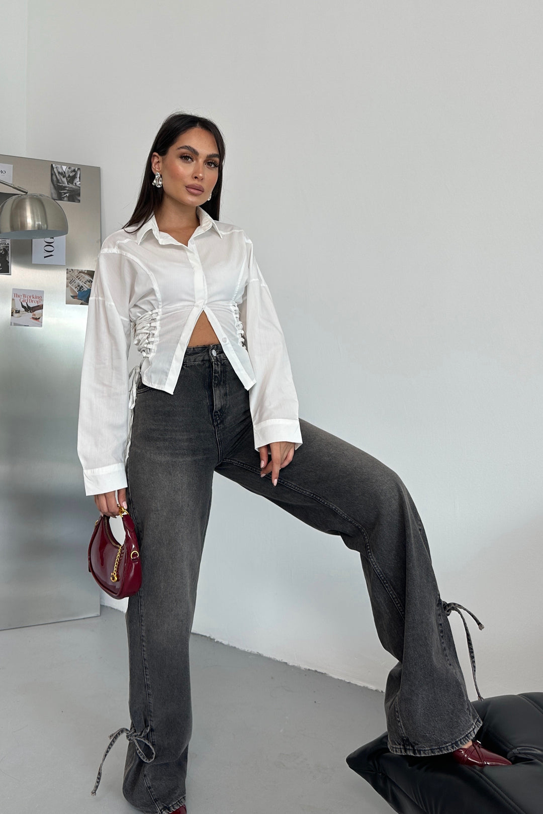 Routines Bow Detail Straight Jeans - Washed Black 1421-5 Jeans Routines Fashion