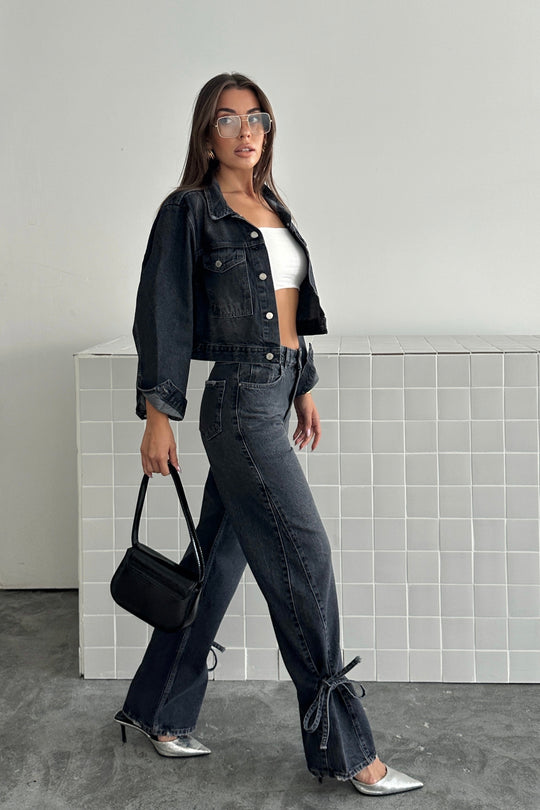 Routines Bow Detail Straight Jeans - Washed Black D233 Jeans Routines Fashion