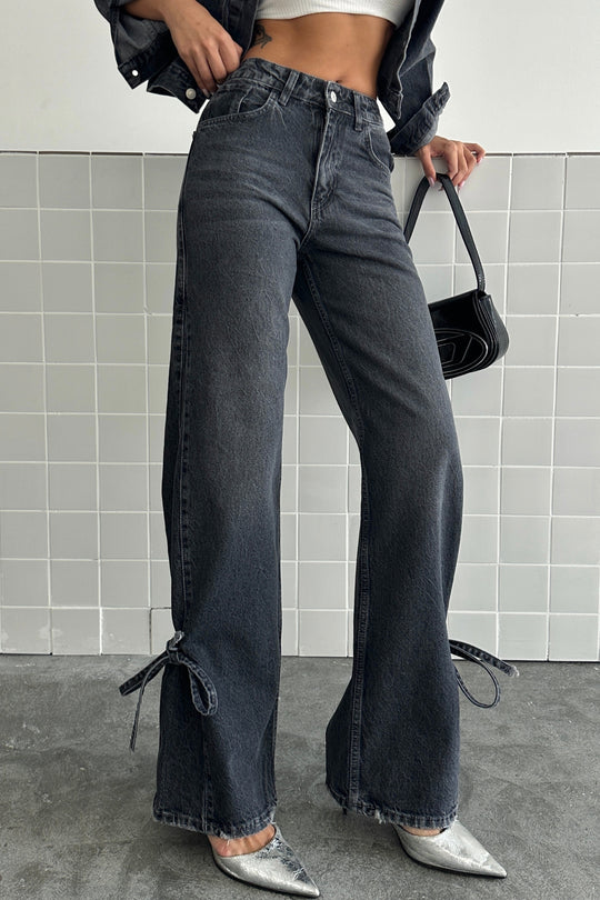Routines Bow Detail Straight Jeans - Washed Black D233 Jeans Routines Fashion