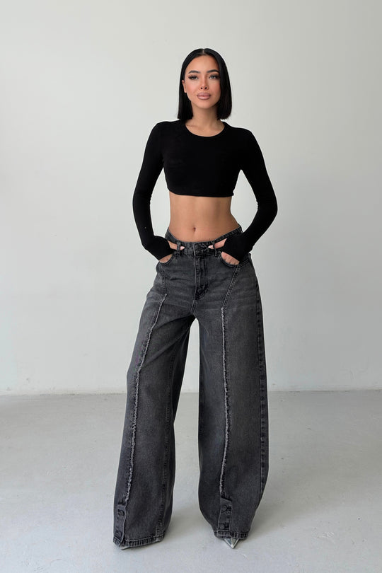 Routines Buttons Detail Baggy Jeans - Washed Black 4481