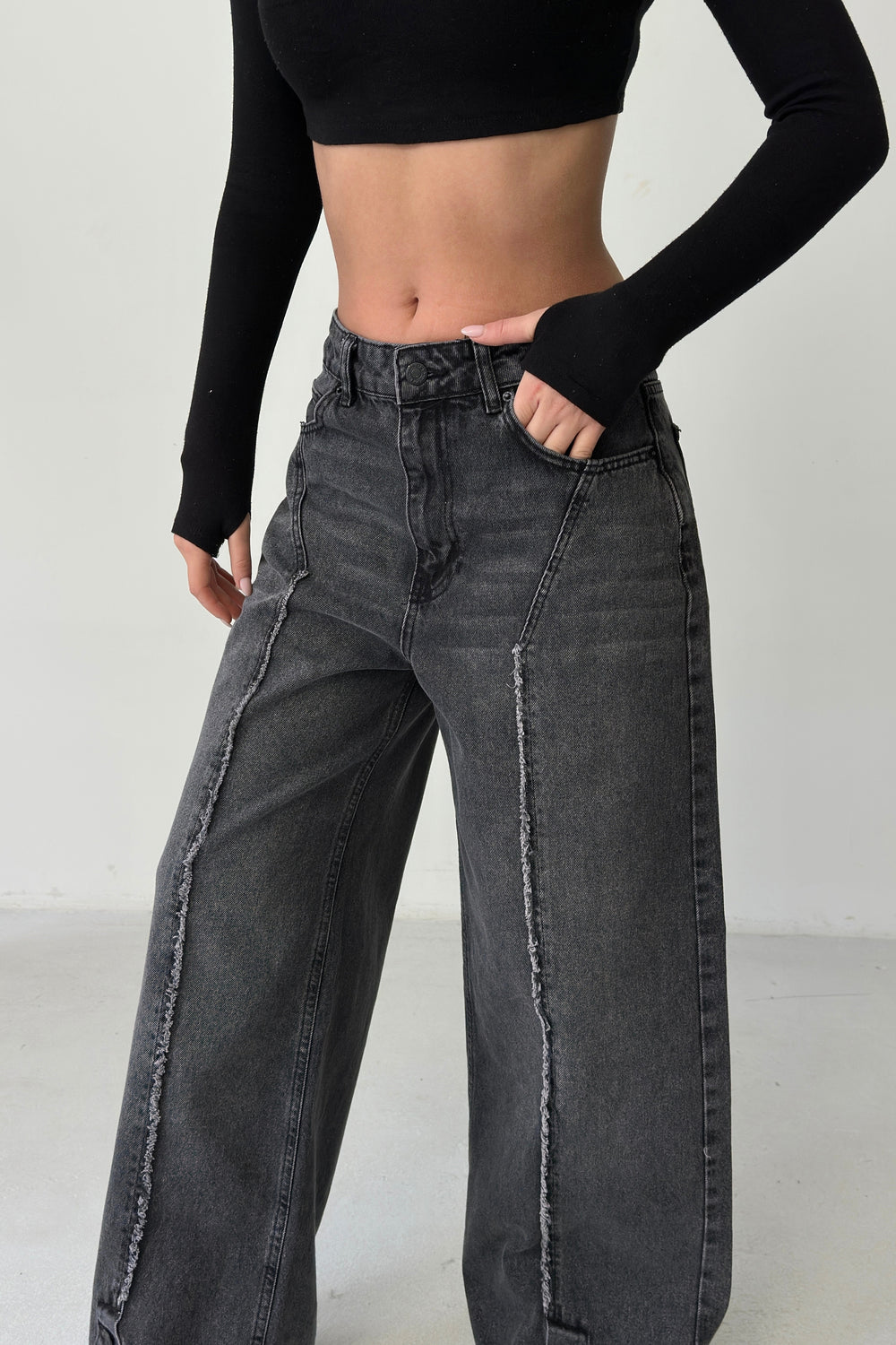 Routines Buttons Detail Baggy Jeans - Washed Black 4481