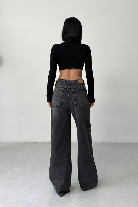 Routines Buttons Detail Baggy Jeans - Washed Black 4481