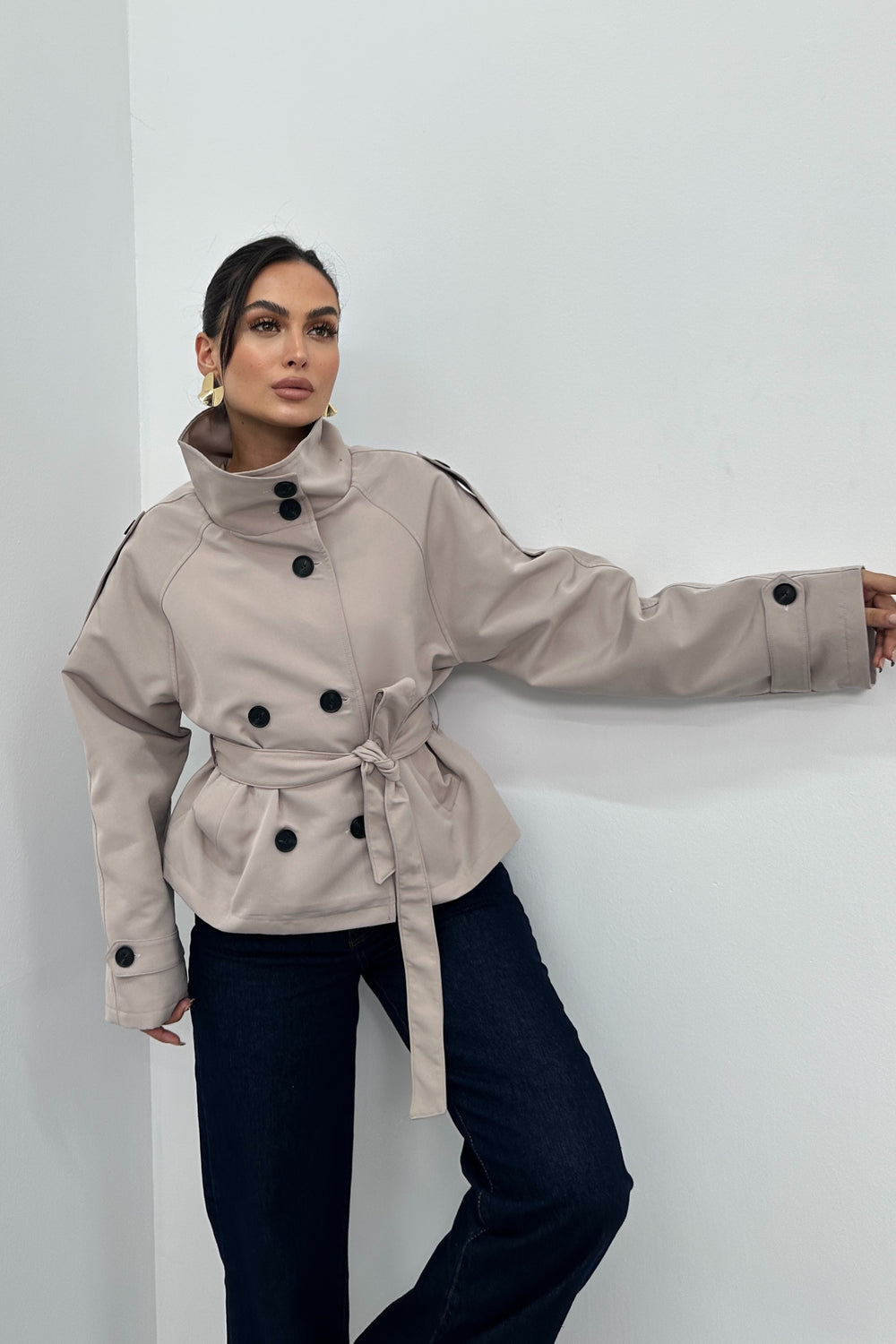 Routines Cropped Trench Coat - Stone 8030