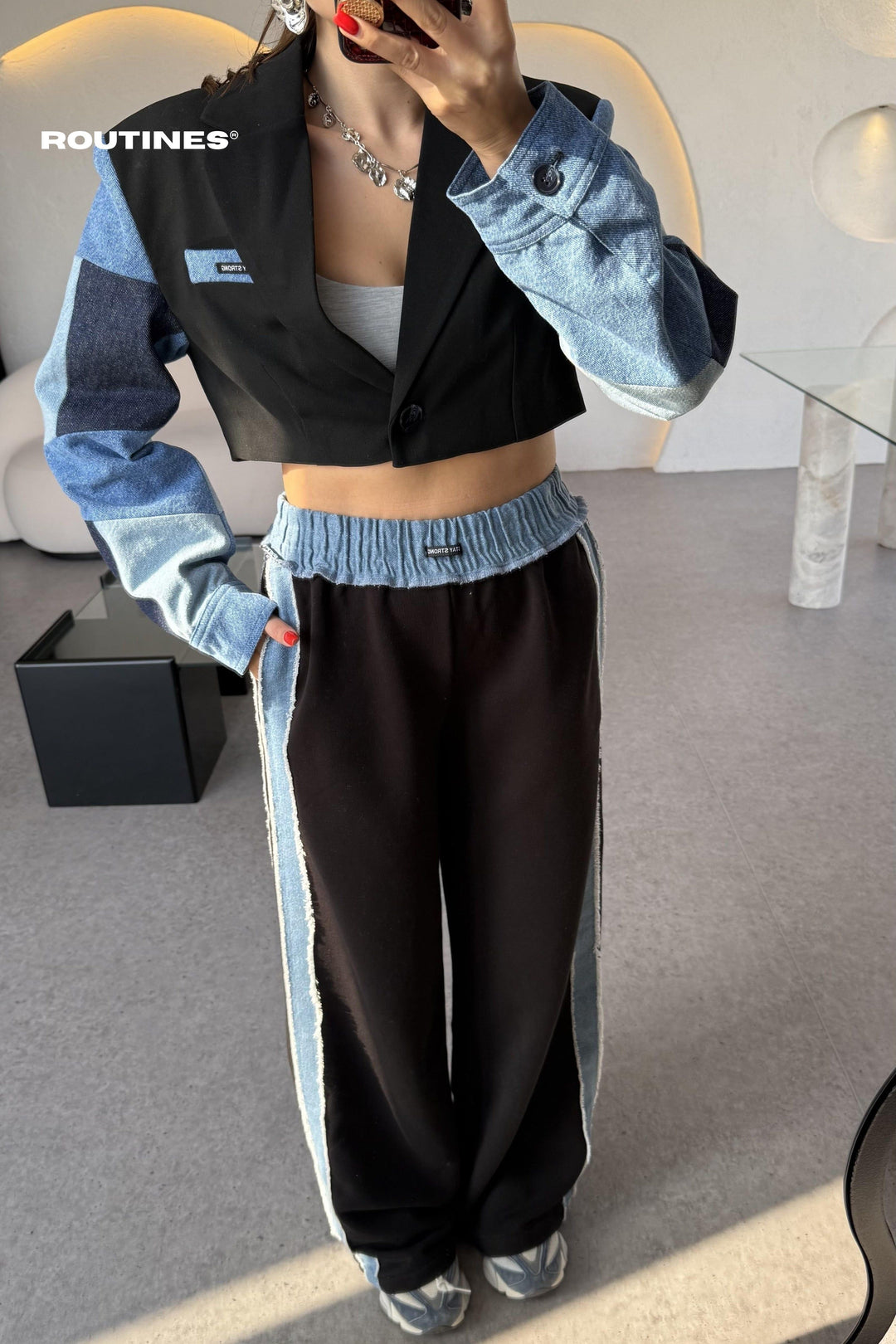 Routines Denim Blazer Two Piece Jogger Set 241107 Set Routines Fashion