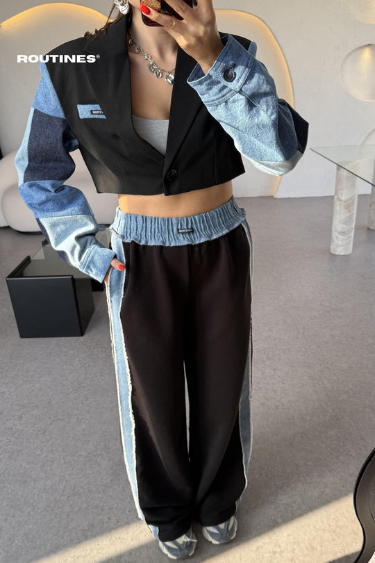 Routines Denim Blazer Two Piece Jogger Set 241107 Set Routines Fashion