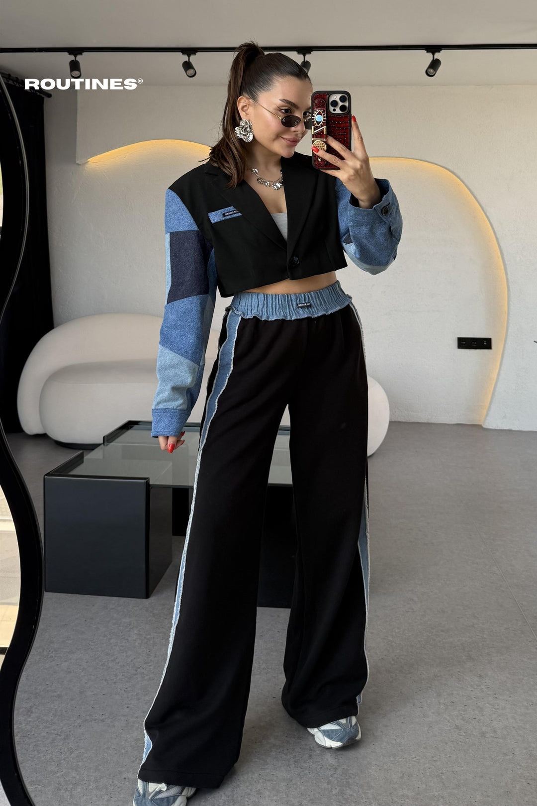 Routines Denim Blazer Two Piece Jogger Set 241107 Set Routines Fashion