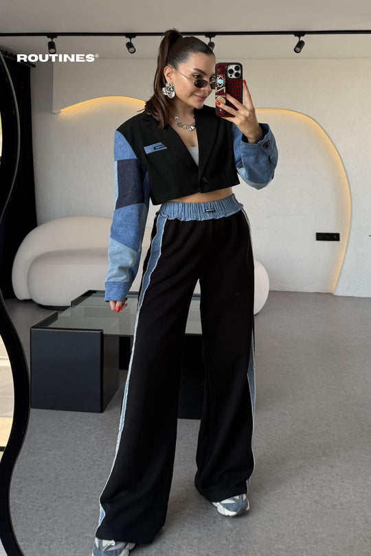 Routines Denim Blazer Two Piece Jogger Set 241107 Set Routines Fashion
