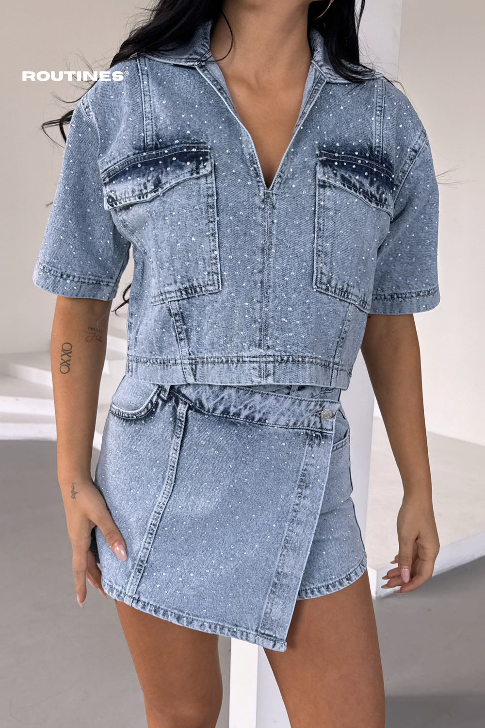 Routines Diamonds Two Piece Skort Denim Set - Light Blue 4212 Set Routines Fashion