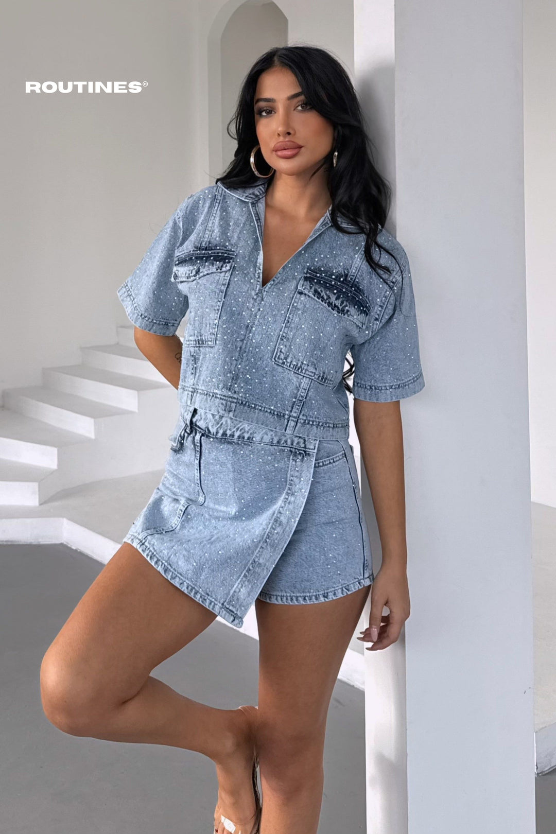 Routines Diamonds Two Piece Skort Denim Set - Light Blue 4212 Set Routines Fashion