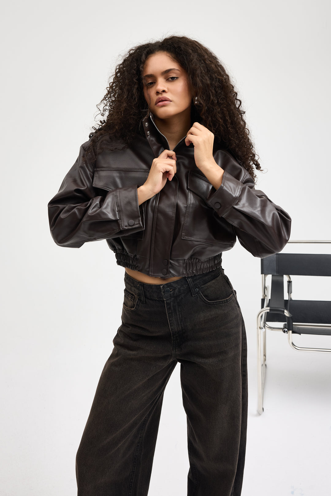 Routines Faux Leather Bomber Jacket - Brown 0609