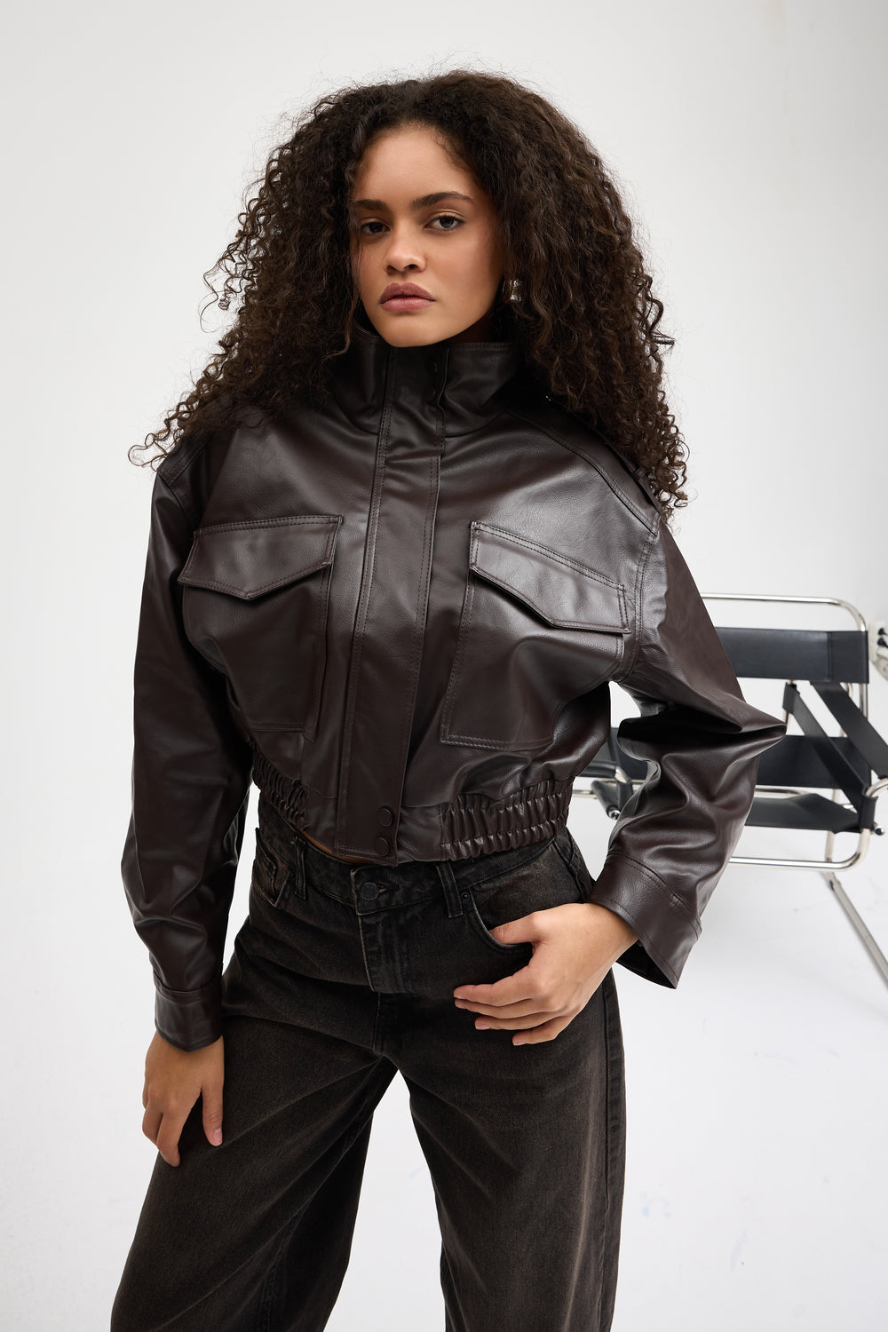 Routines Faux Leather Bomber Jacket - Brown 0609