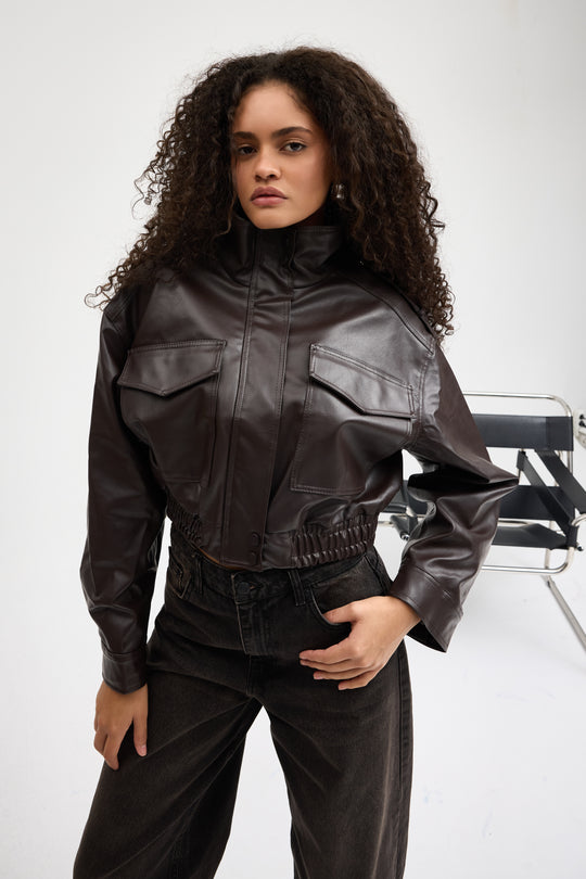 Routines Faux Leather Bomber Jacket - Brown 0609