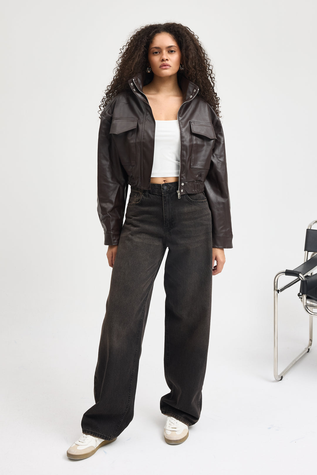 Routines Faux Leather Bomber Jacket - Brown 0609