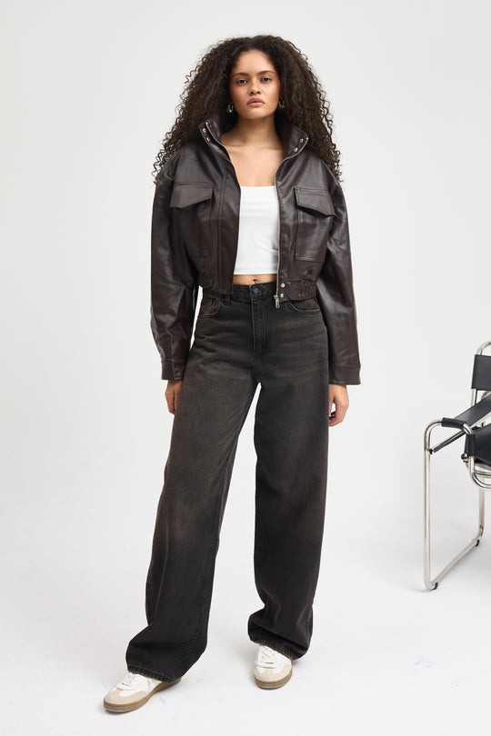 Routines Faux Leather Bomber Jacket - Brown 0609