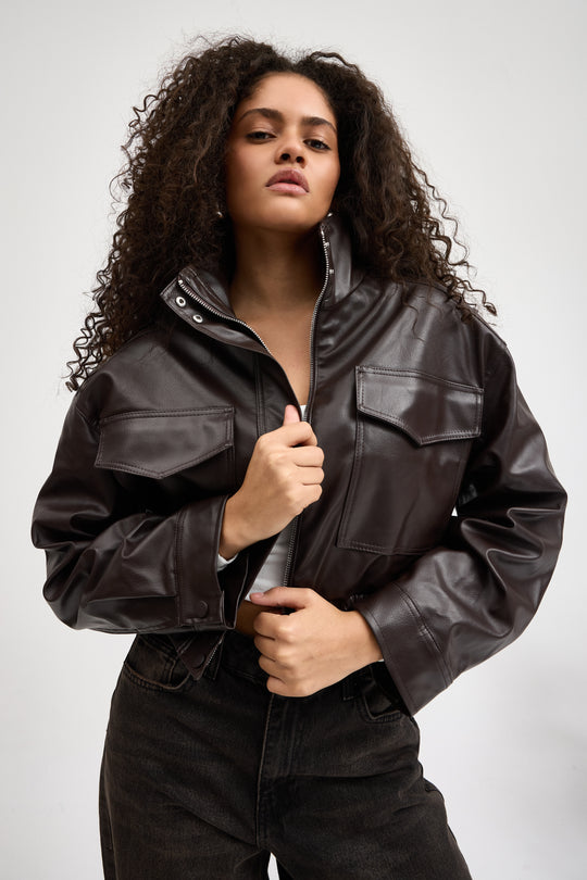 Routines Faux Leather Bomber Jacket - Brown 0609