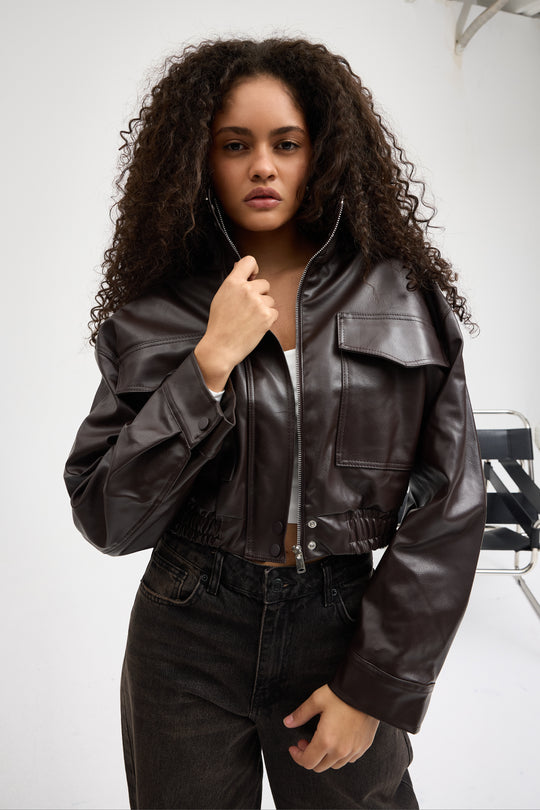 Routines Faux Leather Bomber Jacket - Brown 0609