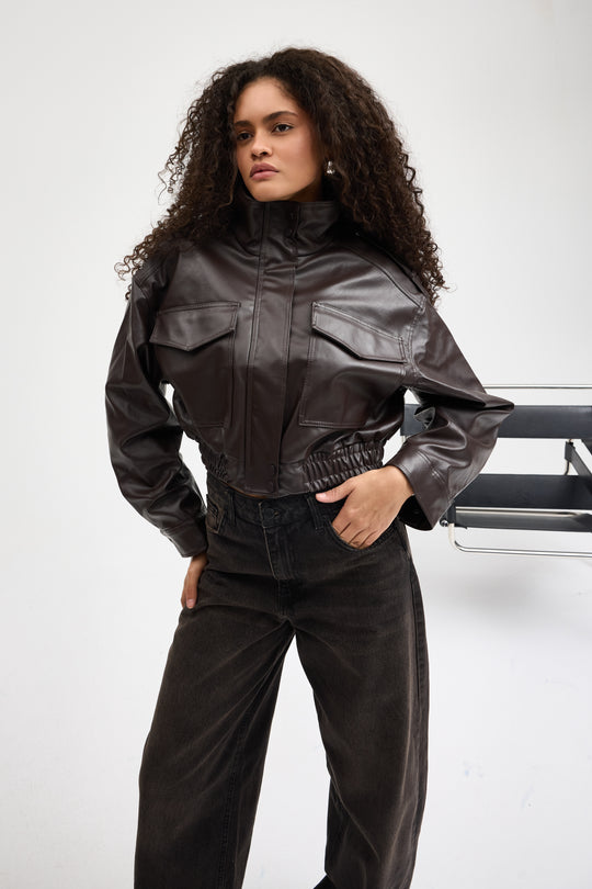 Routines Faux Leather Bomber Jacket - Brown 0609