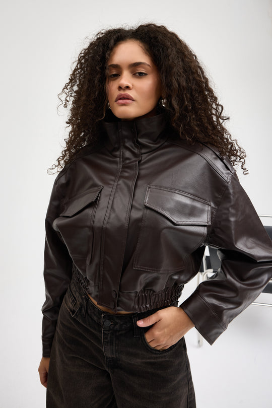 Routines Faux Leather Bomber Jacket - Brown 0609
