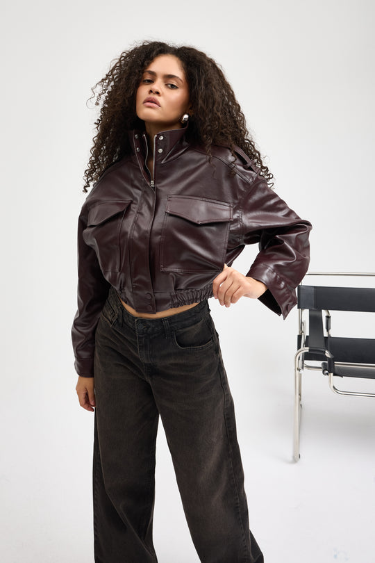 Routines Faux Leather Bomber Jacket - Burgundy 0609