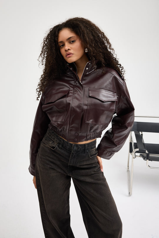 Routines Faux Leather Bomber Jacket - Burgundy 0609