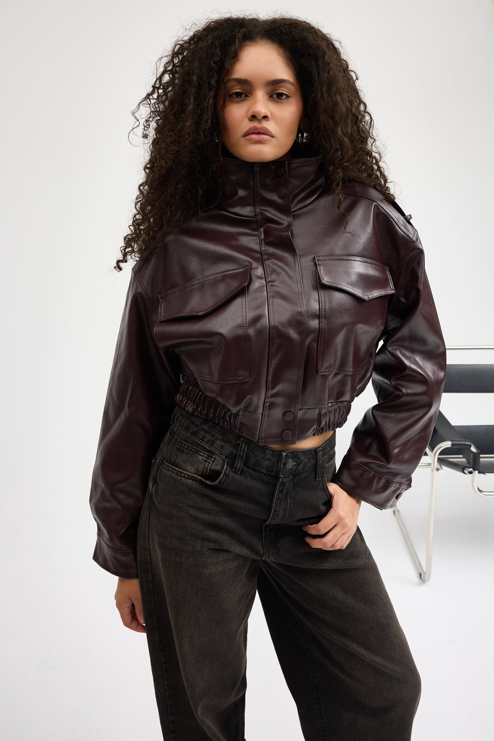 Routines Faux Leather Bomber Jacket - Burgundy 0609