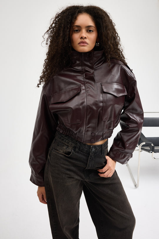 Routines Faux Leather Bomber Jacket - Burgundy 0609
