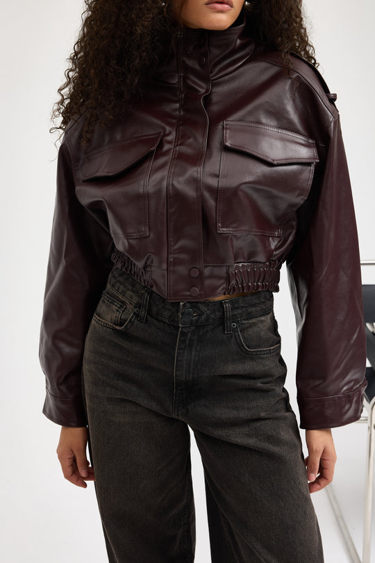 Routines Faux Leather Bomber Jacket - Burgundy 0609