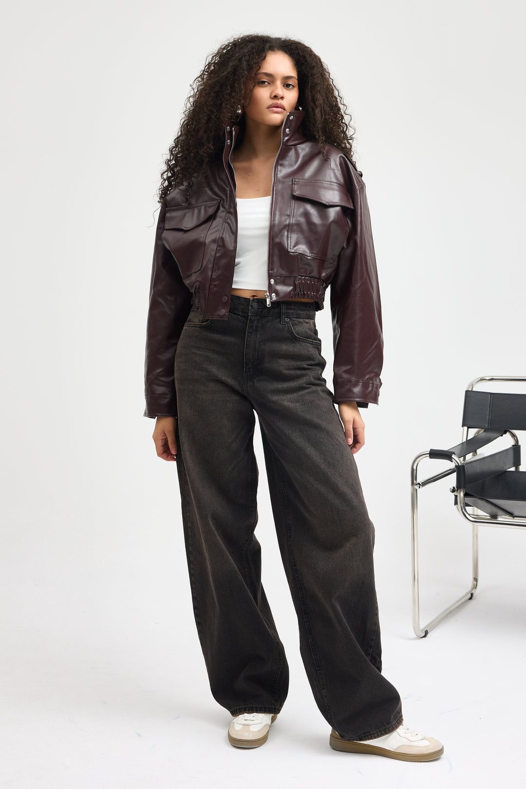 Routines Faux Leather Bomber Jacket - Burgundy 0609