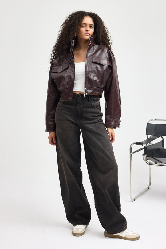 Routines Faux Leather Bomber Jacket - Burgundy 0609
