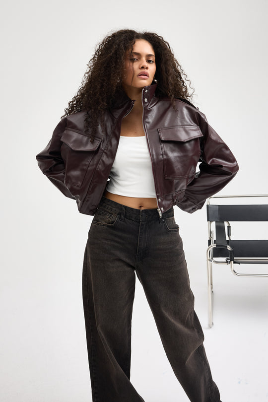 Routines Faux Leather Bomber Jacket - Burgundy 0609