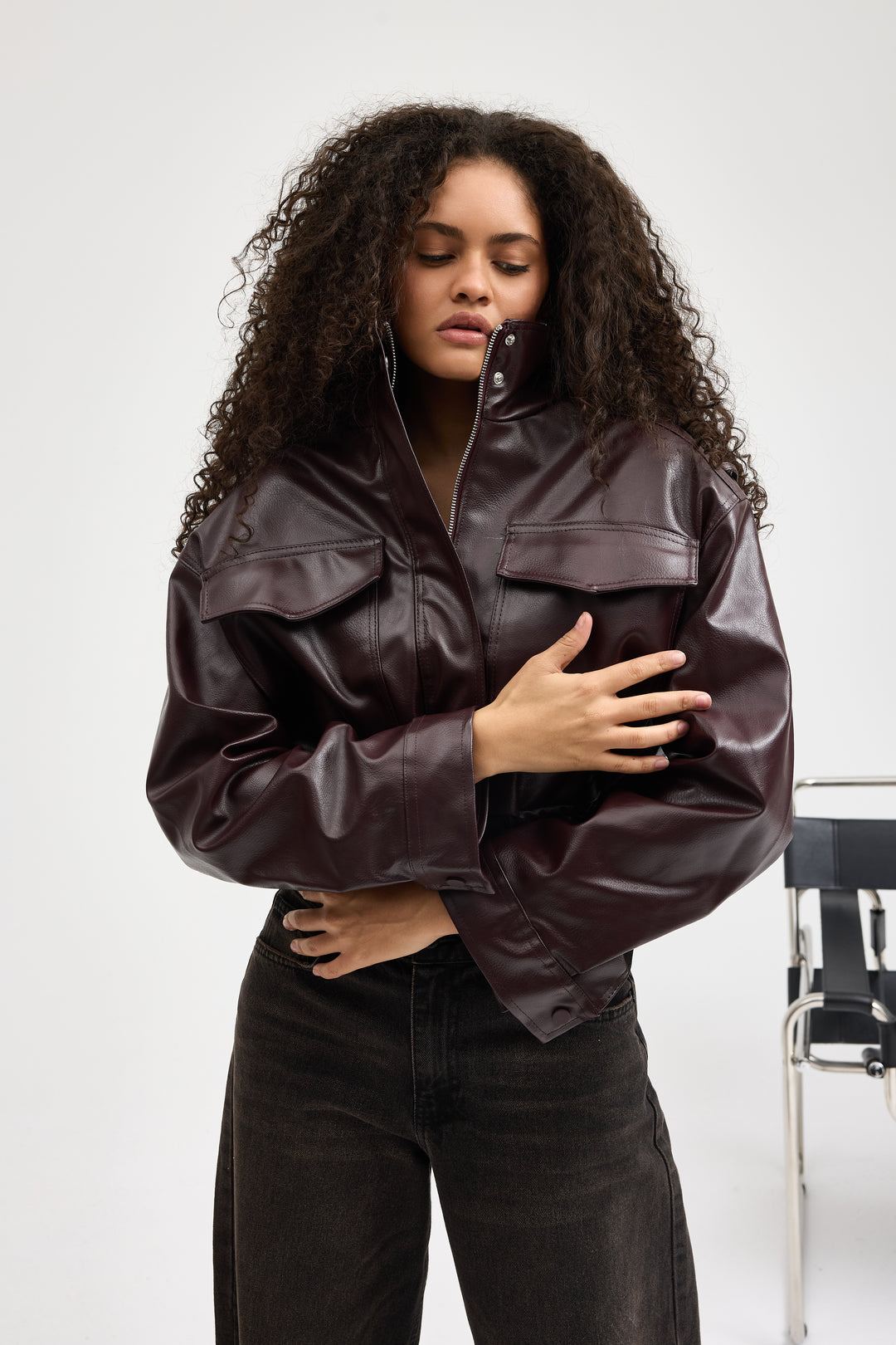Routines Faux Leather Bomber Jacket - Burgundy 0609