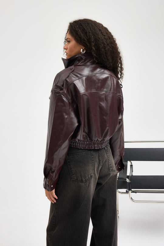 Routines Faux Leather Bomber Jacket - Burgundy 0609