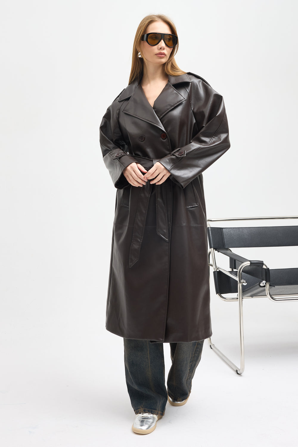 Routines Faux Leather Trench Coat - Brown 8506